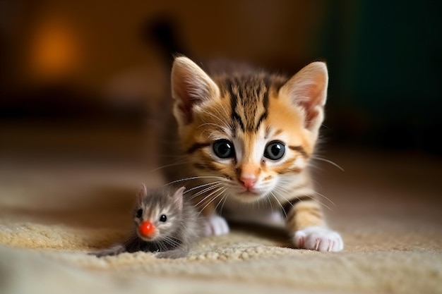 um gatinho e um pequeno rato em uma cama