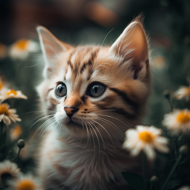 Um gatinho em um campo de flores