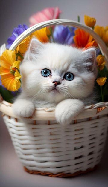 Um gatinho em uma cesta de flores