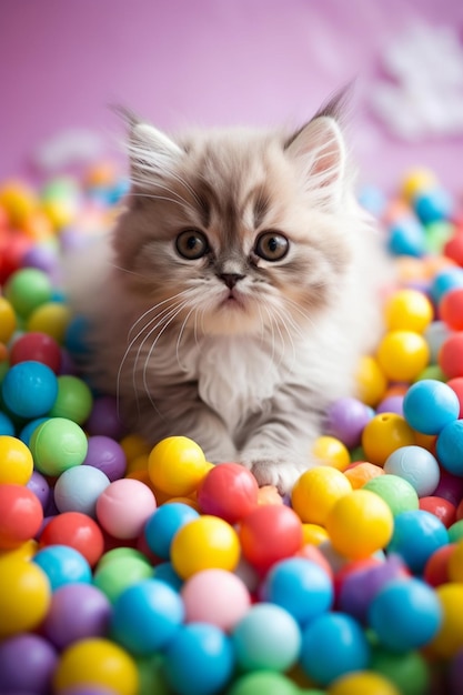 Um gatinho em uma piscina de bolinhas