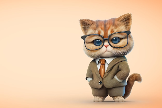 Um gatinho esperto é um gato de terno, óculos e gravata imagem hipster ou professor e aluno o conceito de educação pré-escolar copie o espaço fundo laranja