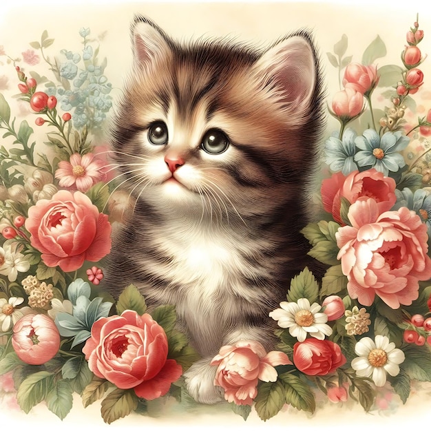 um gatinho está em uma moldura floral com flores e uma foto de um gatinha