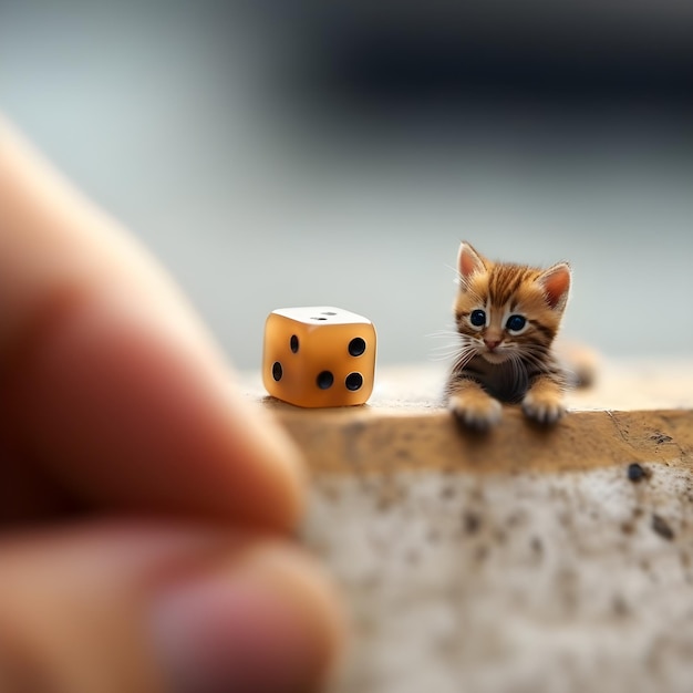 Foto um gatinho está escalando um dado e o número 1 está prestes a ter uma chance.