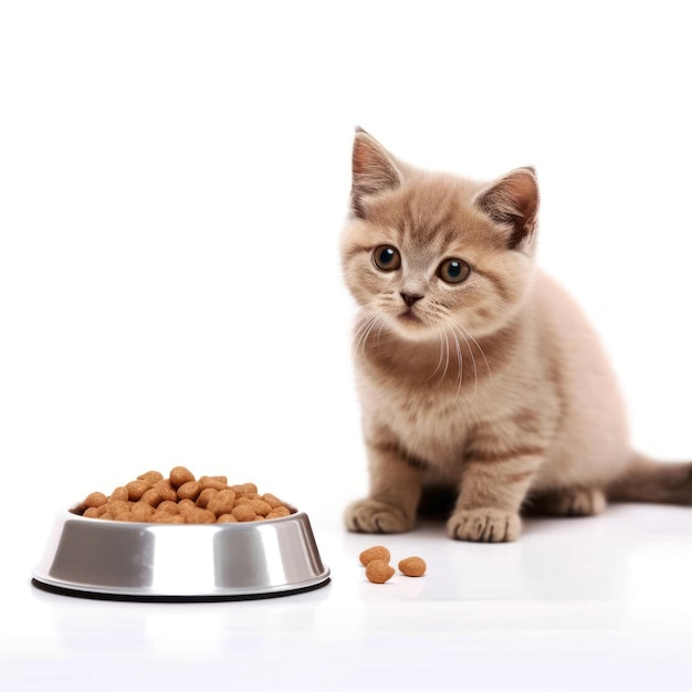 Um gatinho está olhando para uma tigela de comida seca.