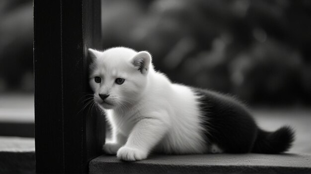 um gatinho está sentado em uma borda com uma foto preta e branca dele