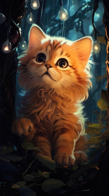 um gatinho fofo na floresta à noite