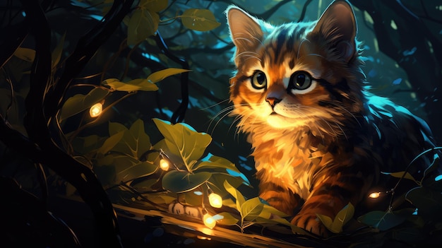 Foto um gatinho fofo na floresta à noite