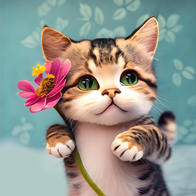 Foto um gatinho fofo segurando uma flor em fundo desfocado vista real em 3d com olho flutuante