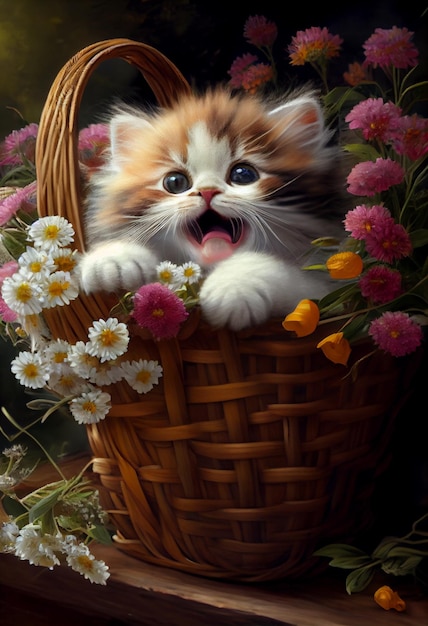 Um gatinho fofo senta-se em uma cesta de flores gerada por IA