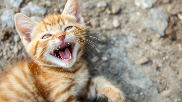 Foto um gatinho laranja bocejando no chão