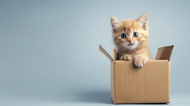 Um gatinho laranja bonito senta-se em uma caixa de papelão olhando para cima com grandes olhos azuis