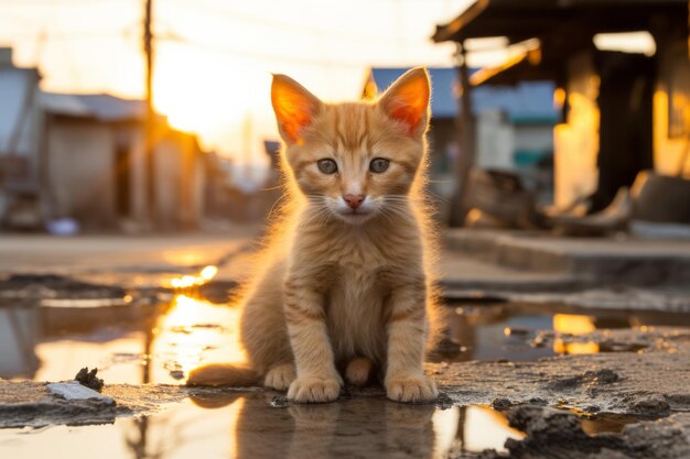 um gatinho laranja sentado no chão na frente de uma casa