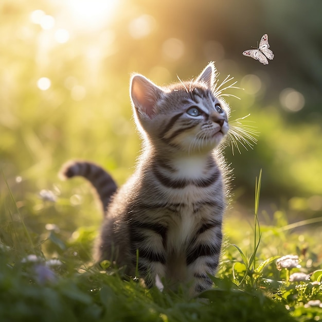 Um gatinho olha para uma borboleta em um dia ensolarado.