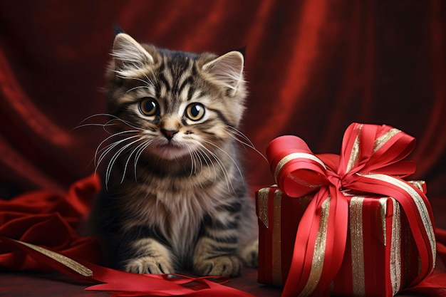 Um gatinho pequeno com um presente vermelho em um fundo vermelho Presentes como um símbolo de dia de presente e amor