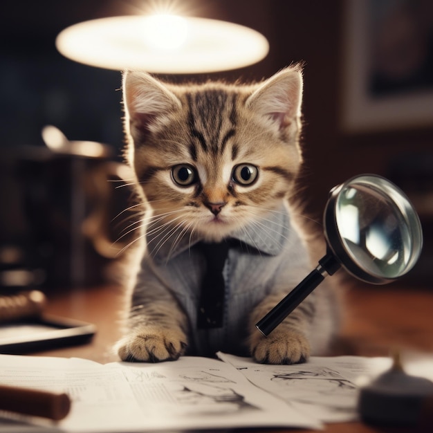 Foto um gatinho pequeno sentado em uma mesa com uma lupa gerando uma imagem