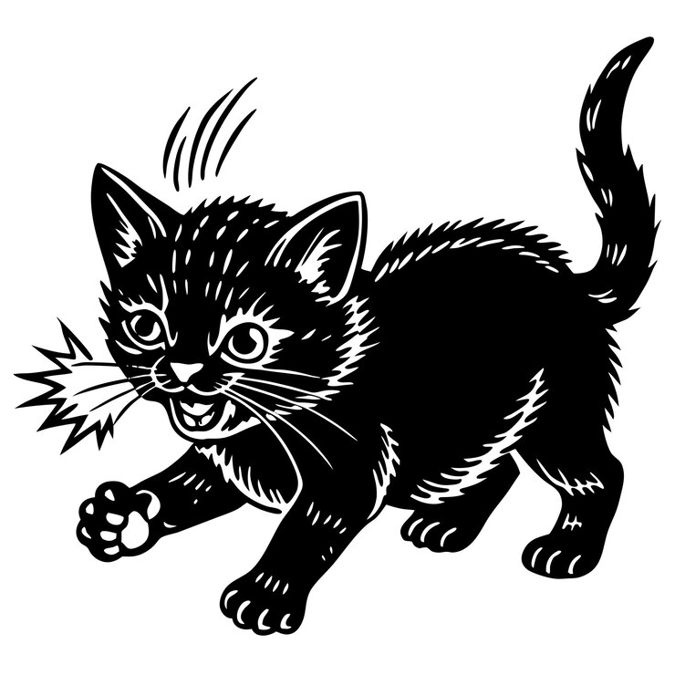 Foto um gatinho preto com uma cauda preta que sayskitten