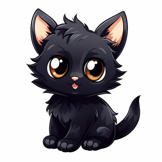 um gatinho preto de desenho animado com olhos grandes em um fundo branco