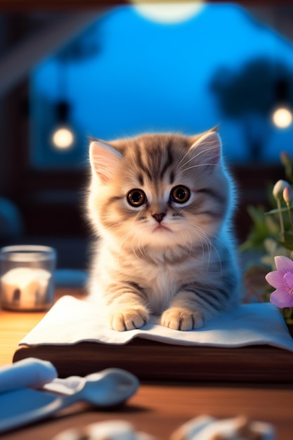 Um gatinho senta-se em um livro com uma flor na mesa.