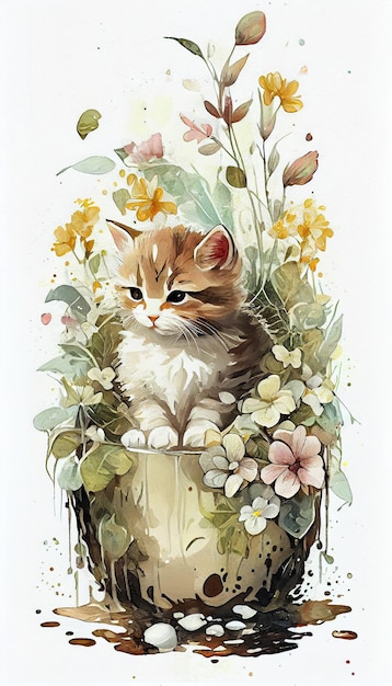 Um gatinho senta-se em um vaso de flores.