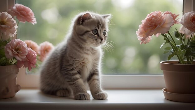 um gatinho senta-se em uma janela ao lado de um brinquedo rosa