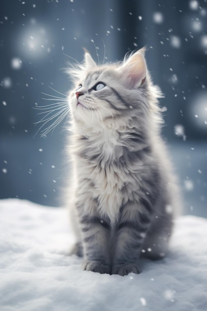 Um gatinho sentado em cima de um chão coberto de neve imagem generativa ai