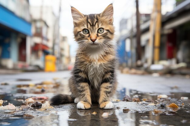 um gatinho sentado no chão no meio de uma rua da cidade