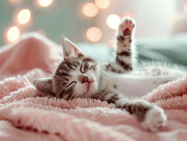 Um gatinho tabby dorme esticado em um cobertor rosa de pelúcia com a pata levantada como uma peça enquanto dorme