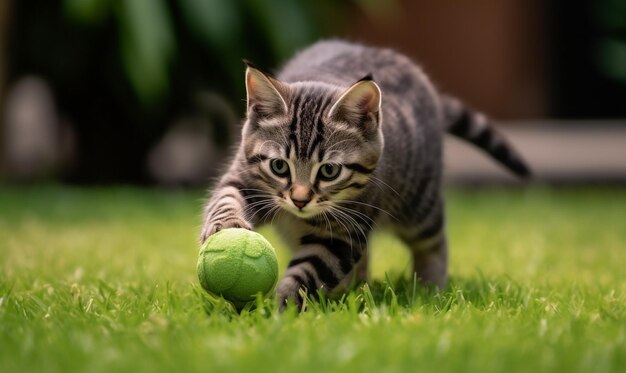 Um gatinho toca uma bola.