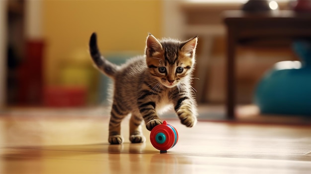 Um gatinho travesso atacando um brinquedo gerado por IA