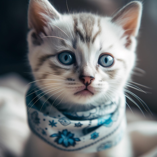 Um gatinho usando um lenço com um padrão de flores.