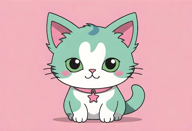 um gatinho verde e branco com um fundo rosa com uma estrela na frente