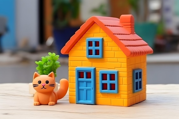 um gatinho vermelho amigável de desenho animado está sentado perto de uma casa de plastilina animais de estimação