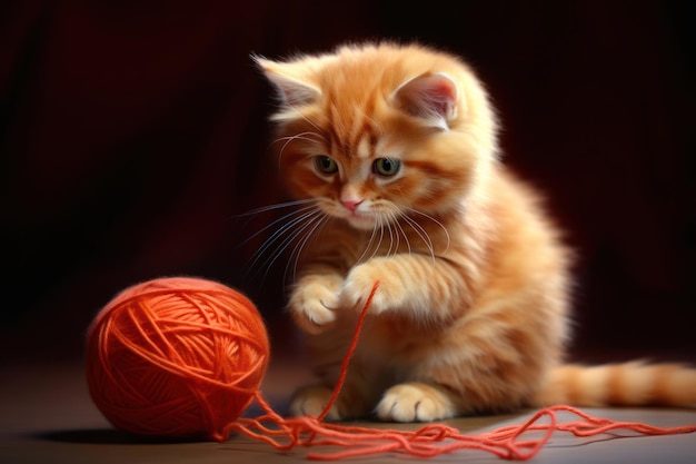 Um gatinho vermelho brincando com uma bola de lã de animal de estimação vermelho