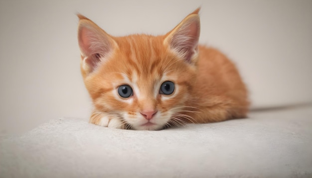 um gatinho vermelho com olhos azuis sobre um cobertor branco