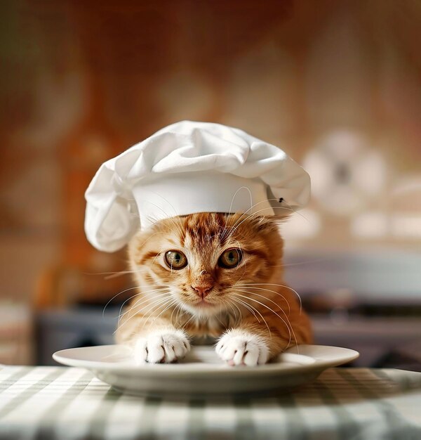 Um gatinho vermelho com um chapéu de cozinheiro sentado no fundo da mesa da cozinha