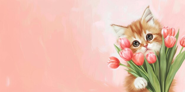 um gatinho vermelho segura um buquê de tulipas em um fundo rosa um lugar para texto uma ilustração a aquarela um conceito para publicidade de produtos para animais de estimação cartões de saudação e decoração festiva