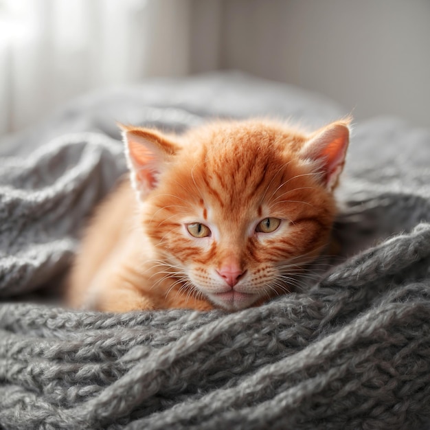 Um gatinho vermelho senta-se em um cobertor cinza tricotado em uma cama