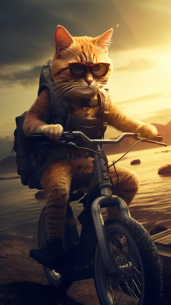 Um gato a andar de bicicleta elétrica na praia