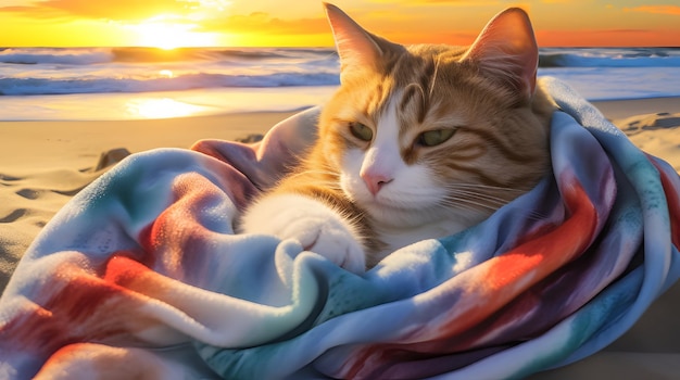 Foto um gato abraçado em um cobertor de praia durante uma noite fresca