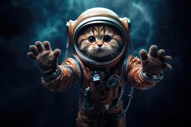 Um gato adorável vestindo um traje de astronauta parece flutuar no espaço