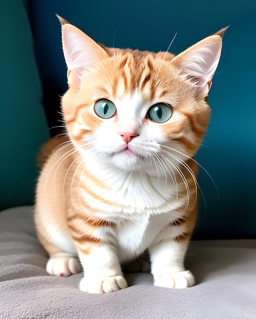 um gato amarelo e branco com olhos verdes e uma faixa branca no rosto