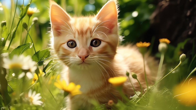 Um gato amarelo fofo em um jardim com grama verde turva
