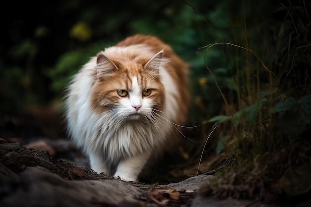 Um gato andando pela floresta com a palavra gengibre na frente.