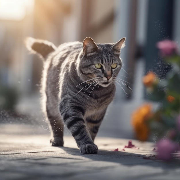Um gato andando por uma calçada com flores ao fundo.