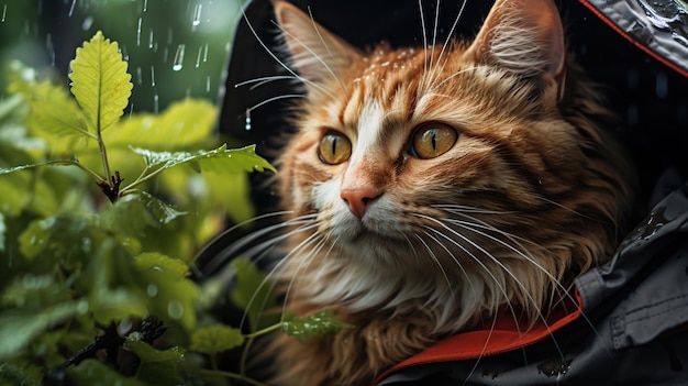 Um gato apanhado na chuva em um fundo desfocado