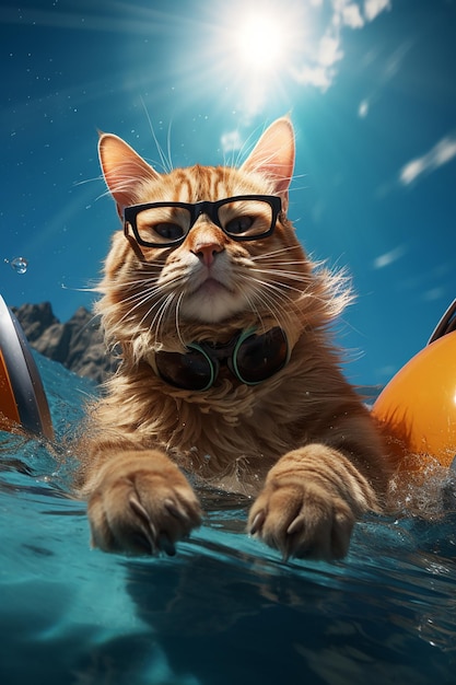 um gato aproveitando o verão com óculos de sol em uma piscina