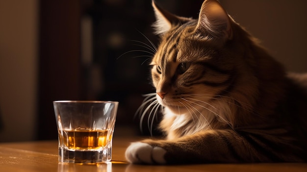 Um gato bebendo uísque ao lado de um copo de álcool