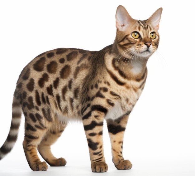 Um gato Bengal está de pé sobre um fundo branco.