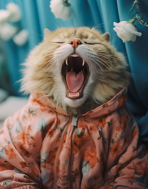 Foto um gato bonito a abrir a boca, a usar pijama de inverno colorido, generativo.