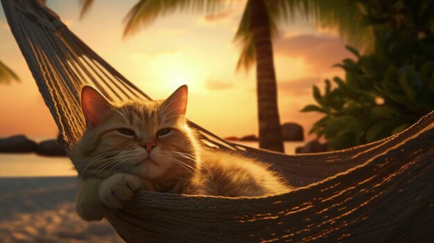 Foto um gato bonito a relaxar na praia.